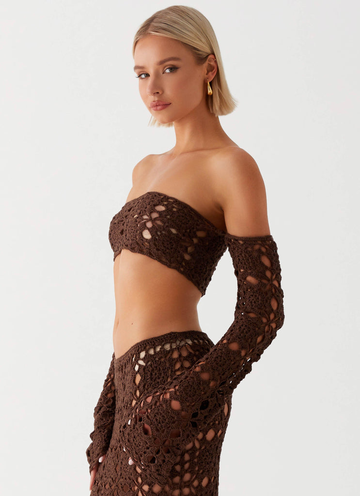 Womens Sorrentino Crochet Long Sleeve Top in the colour Chocolate in front of a light grey background