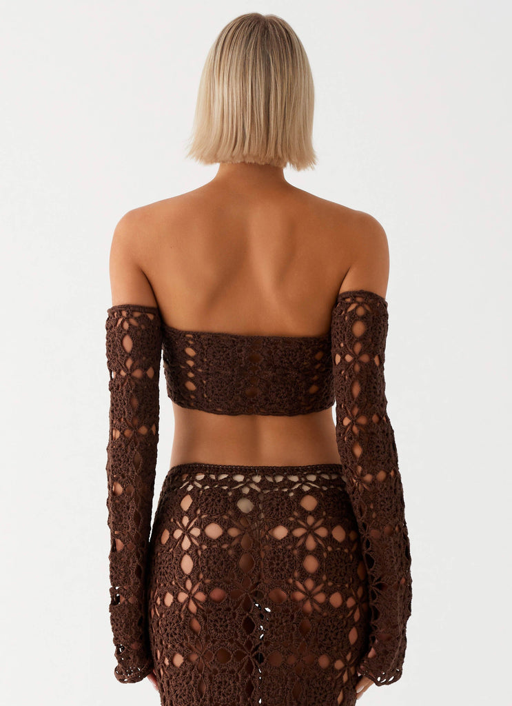 Womens Sorrentino Crochet Long Sleeve Top in the colour Chocolate in front of a light grey background