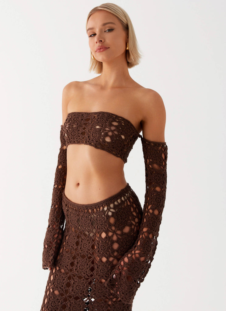 Womens Sorrentino Crochet Long Sleeve Top in the colour Chocolate in front of a light grey background