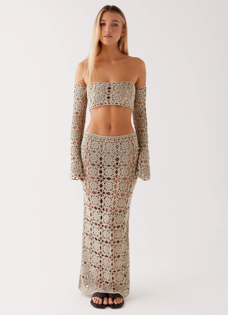 Womens Sorrentino Crochet Maxi Skirt in the colour Sage in front of a light grey background