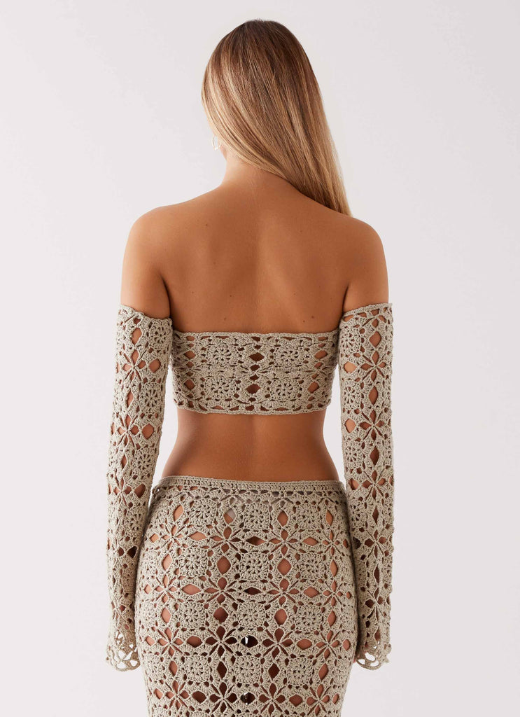 Womens Sorrentino Crochet Long Sleeve Top in the colour Sage in front of a light grey background