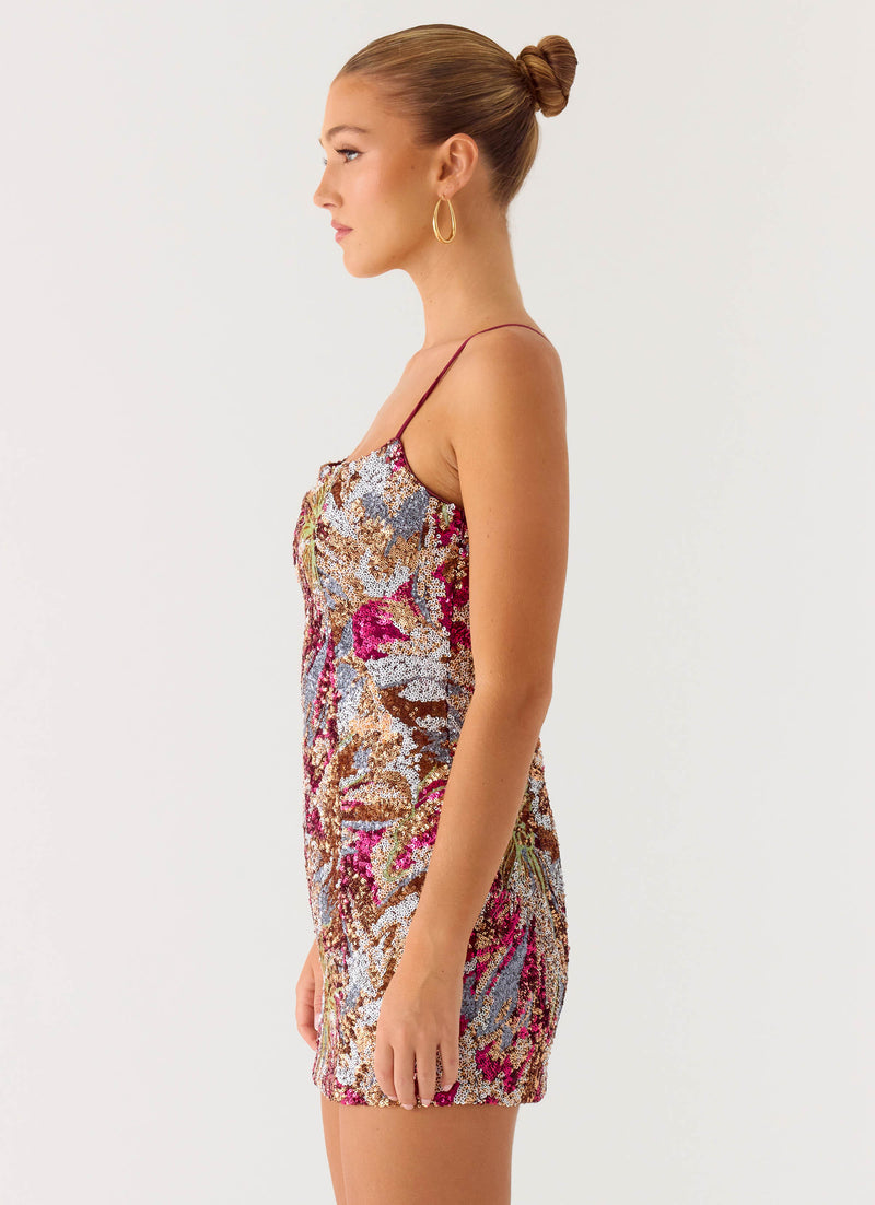 Soul Sound Sequin Mini Dress - Fuchsia Floral Beaded