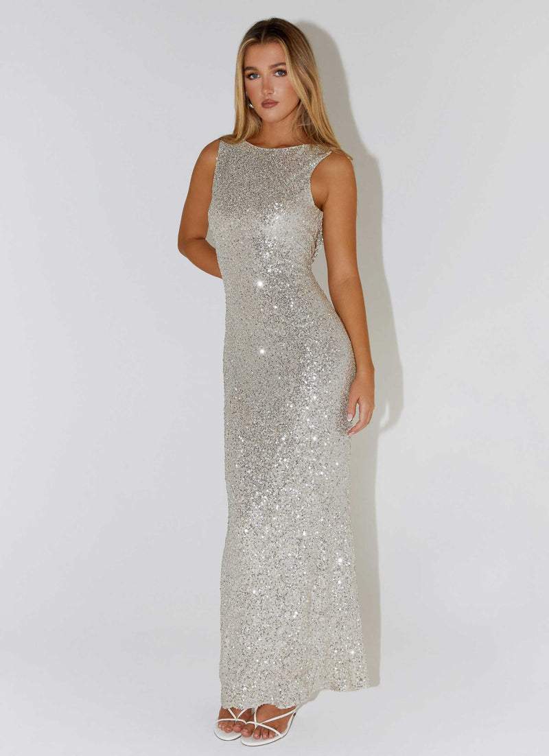 Womens Starry Night Sequin Maxi Dress in the colour Ivory in front of a light grey background