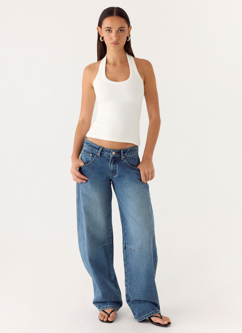 Stevie Low Rise Barrel Leg Denim Jeans - Mid Wash Blue