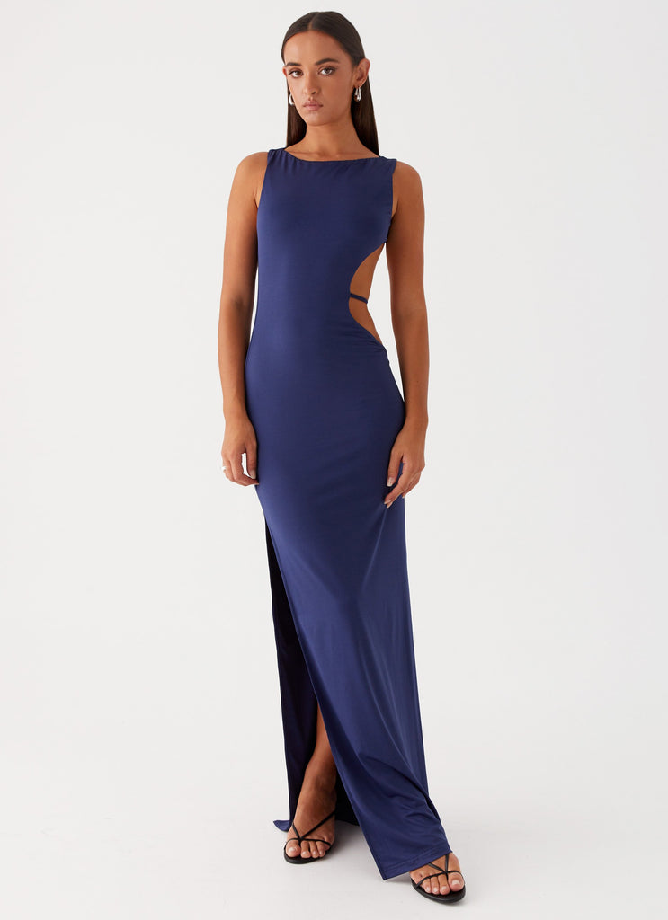 Womens Sutton Maxi Dress in the colour Navy in front of a light grey background