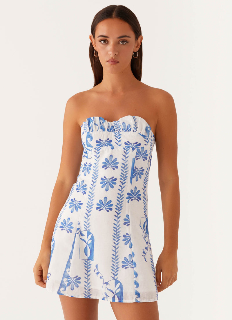 Tayla Linen Mini Dress - Floral Wave