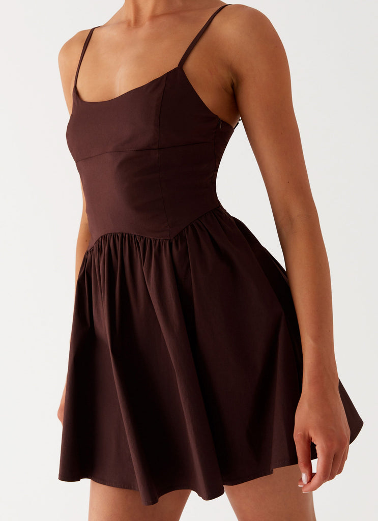 Womens Tesoro Mio Mini Dress in the colour Chocolate in front of a light grey background