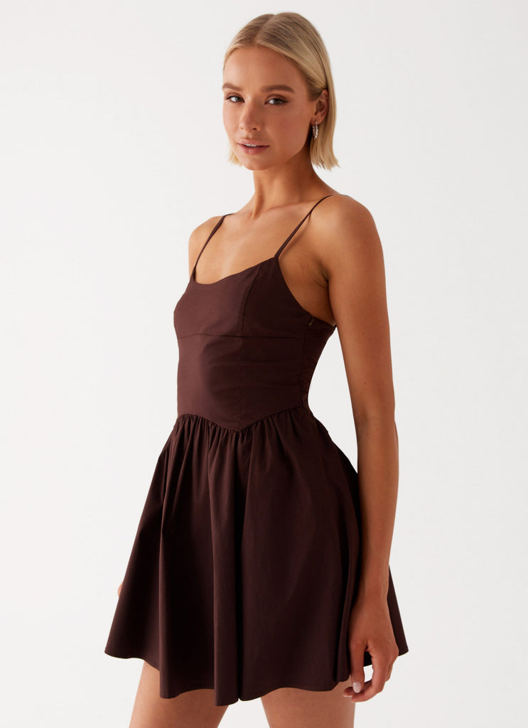 Womens Tesoro Mio Mini Dress in the colour Chocolate in front of a light grey background