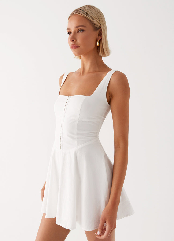 Womens The Isle Mini Dress in the colour White in front of a light grey background