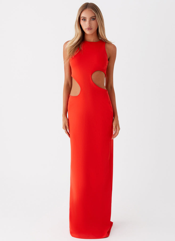 Womens Vaeloria Maxi Dress in the colour Red in front of a light grey background