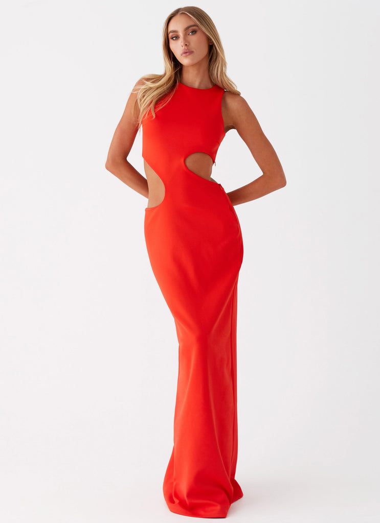 Womens Vaeloria Maxi Dress in the colour Red in front of a light grey background