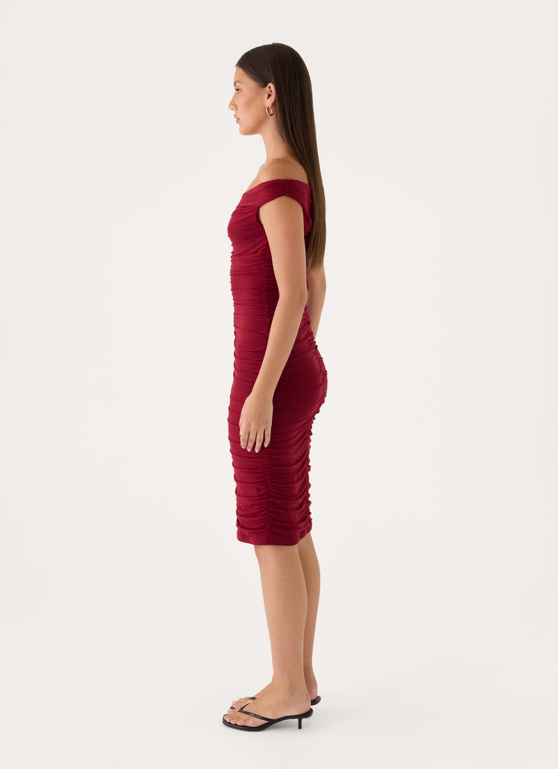 Valcera Ruched Midi Dress - Maroon