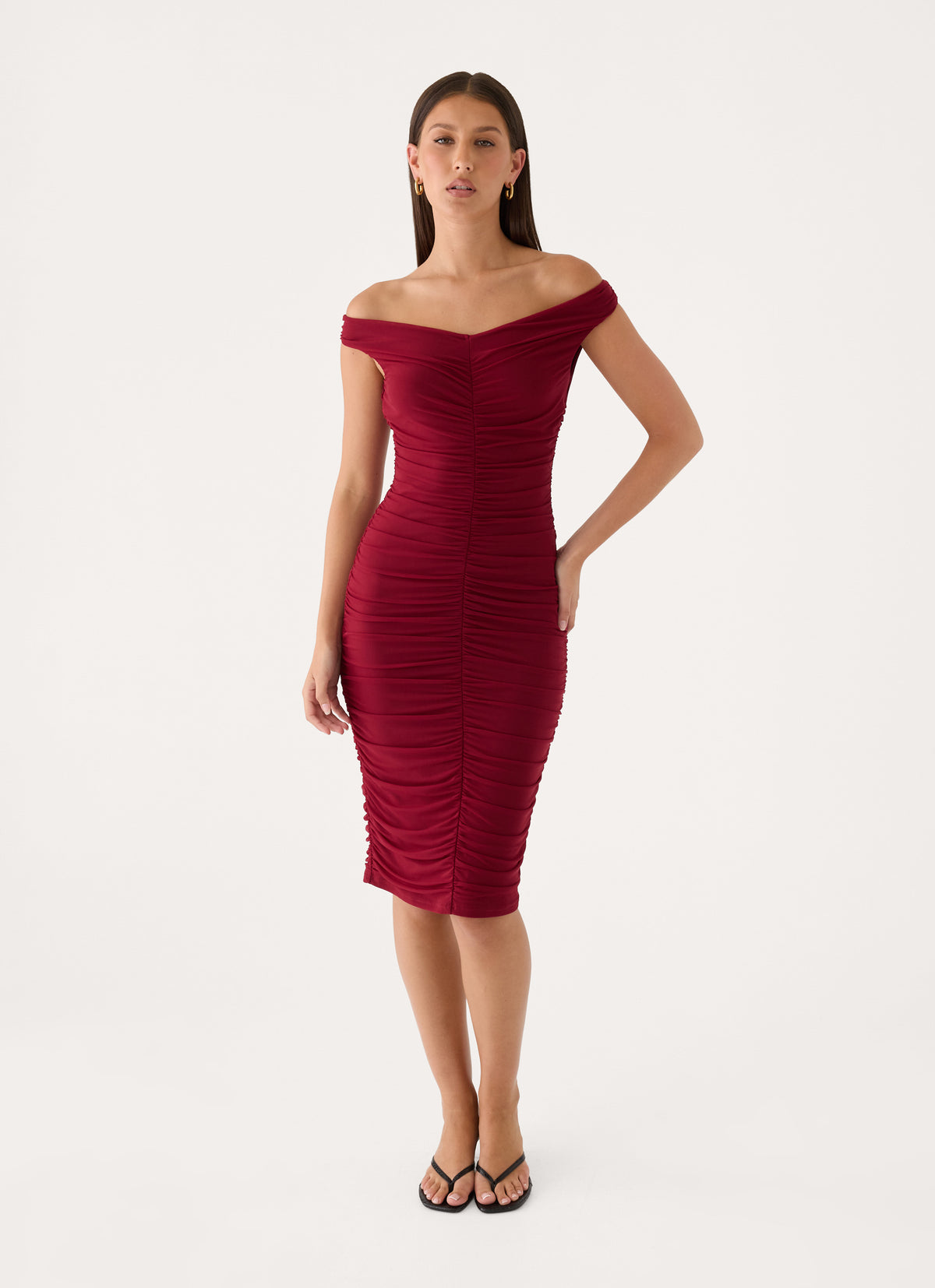 Valcera Ruched Midi Dress - Maroon