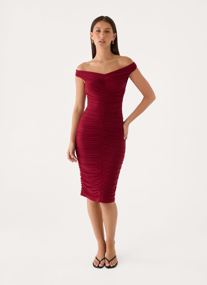 Valcera Ruched Midi Dress - Maroon