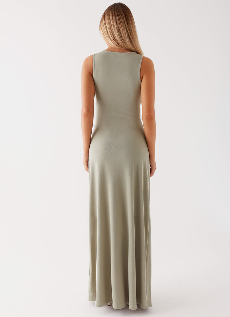 Womens Valli Maxi Dress in the colour Sage in front of a light grey background