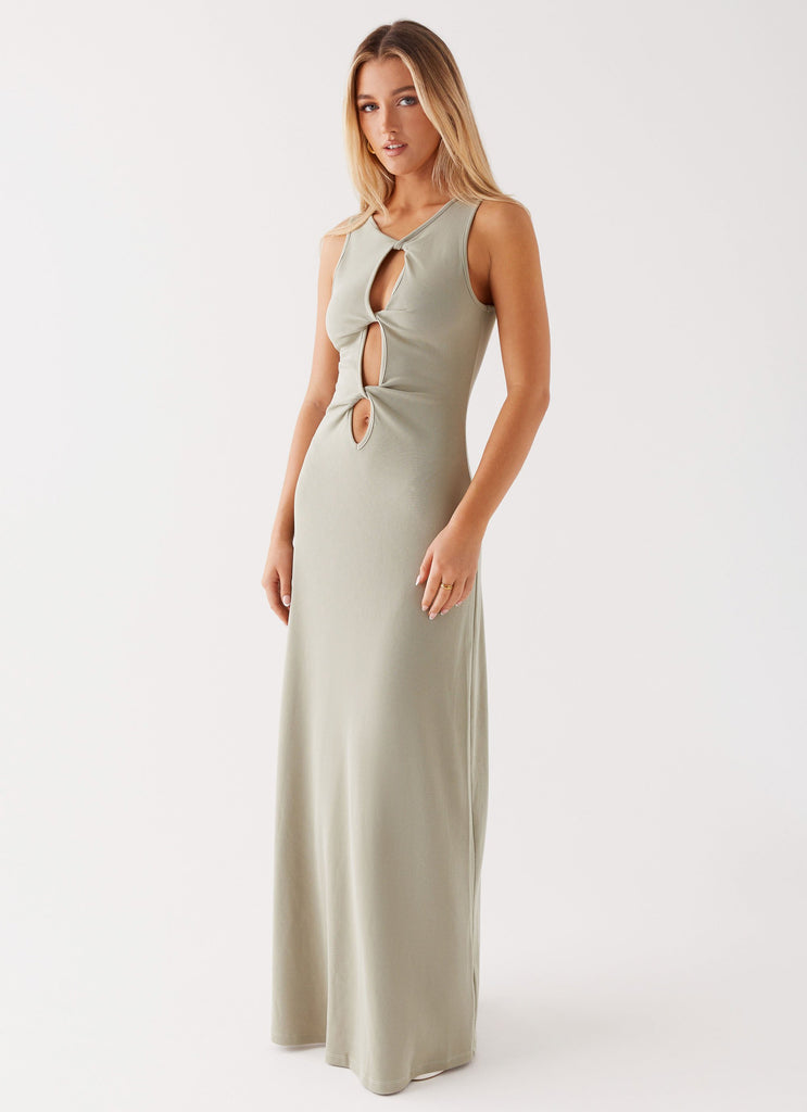 Womens Valli Maxi Dress in the colour Sage in front of a light grey background