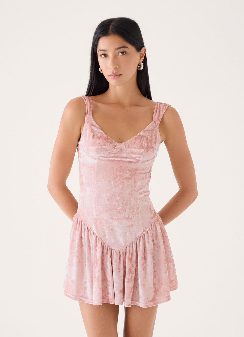 Venus In Crushed Velvet Mini Dress - Soft Pink