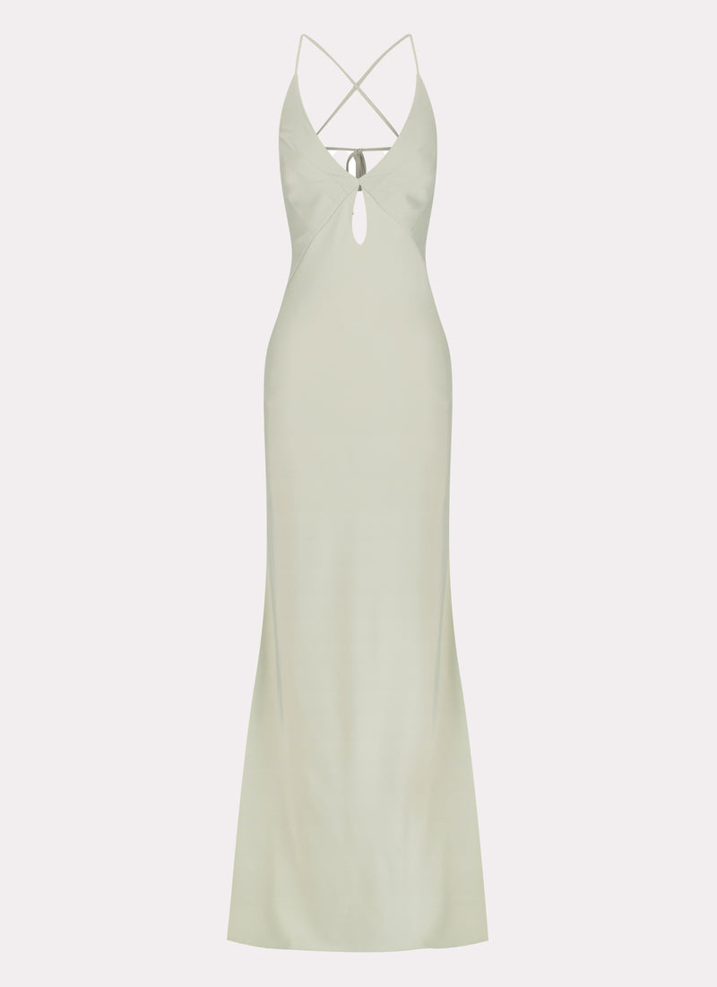 Womens Vesper Keyhole Maxi Dress in the colour Sage in front of a light grey background