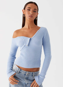 Womens Waverly Knit Top in the colour Sky Blue in front of a light grey background