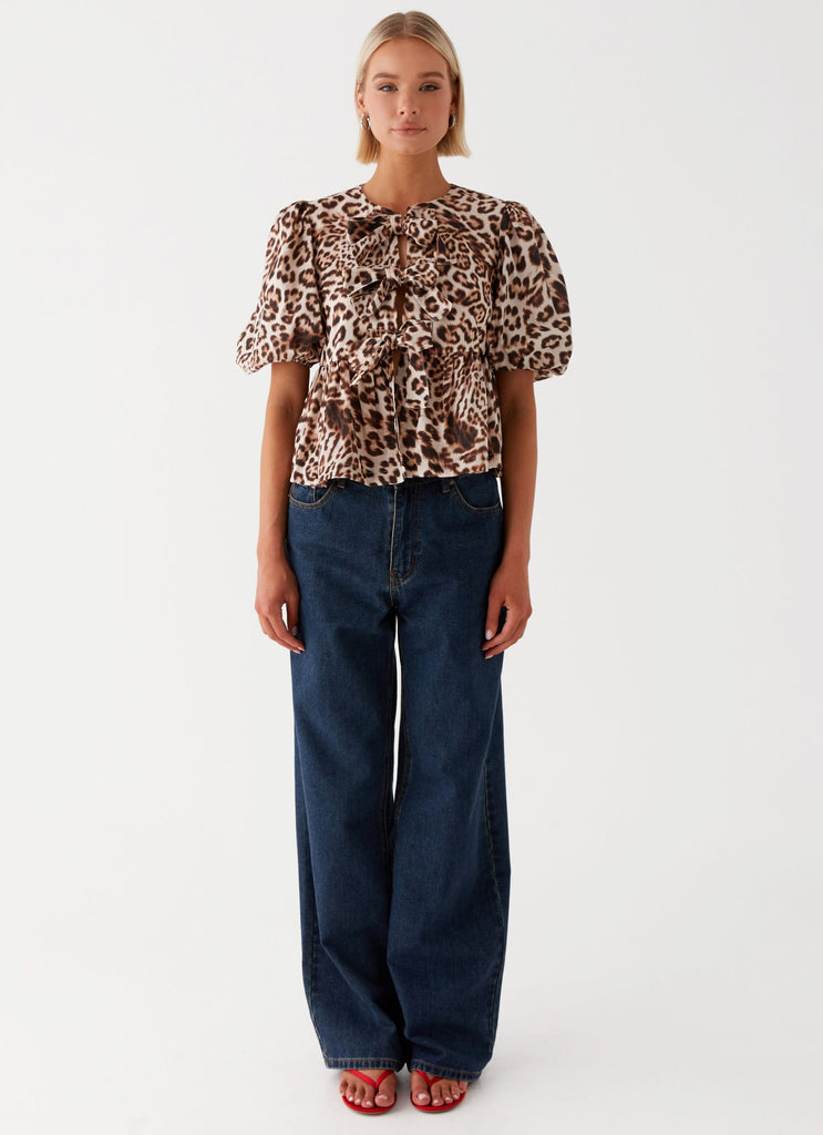 Womens Western Wind Tie Top in the colour Leopard in front of a light grey background