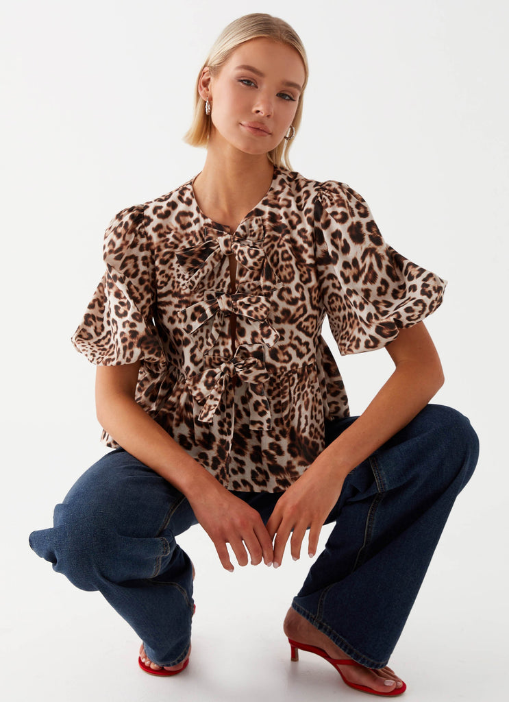 Womens Western Wind Tie Top in the colour Leopard in front of a light grey background