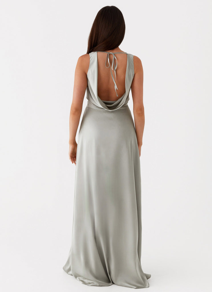 Womens Winnie Cowl Back Maxi Dress in the colour Sage in front of a light grey background