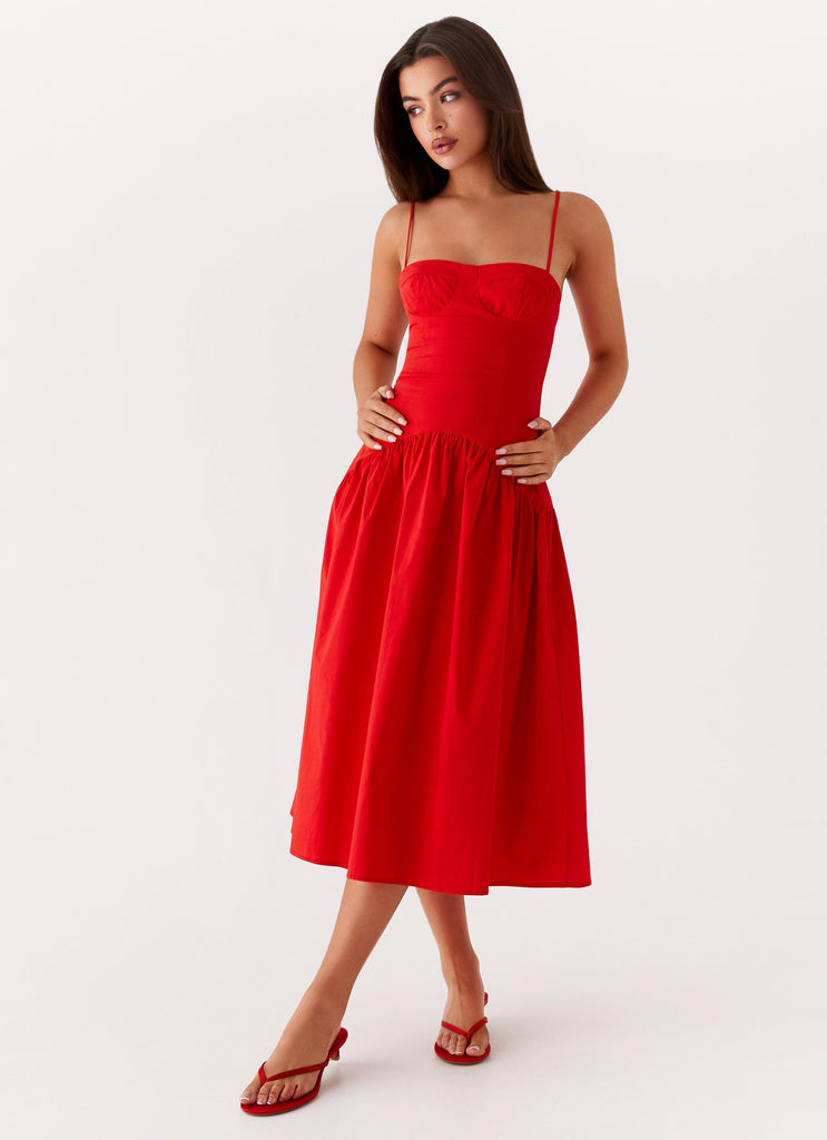 Womens Yvette Corset Midi Dress in the colour Red in front of a light grey background