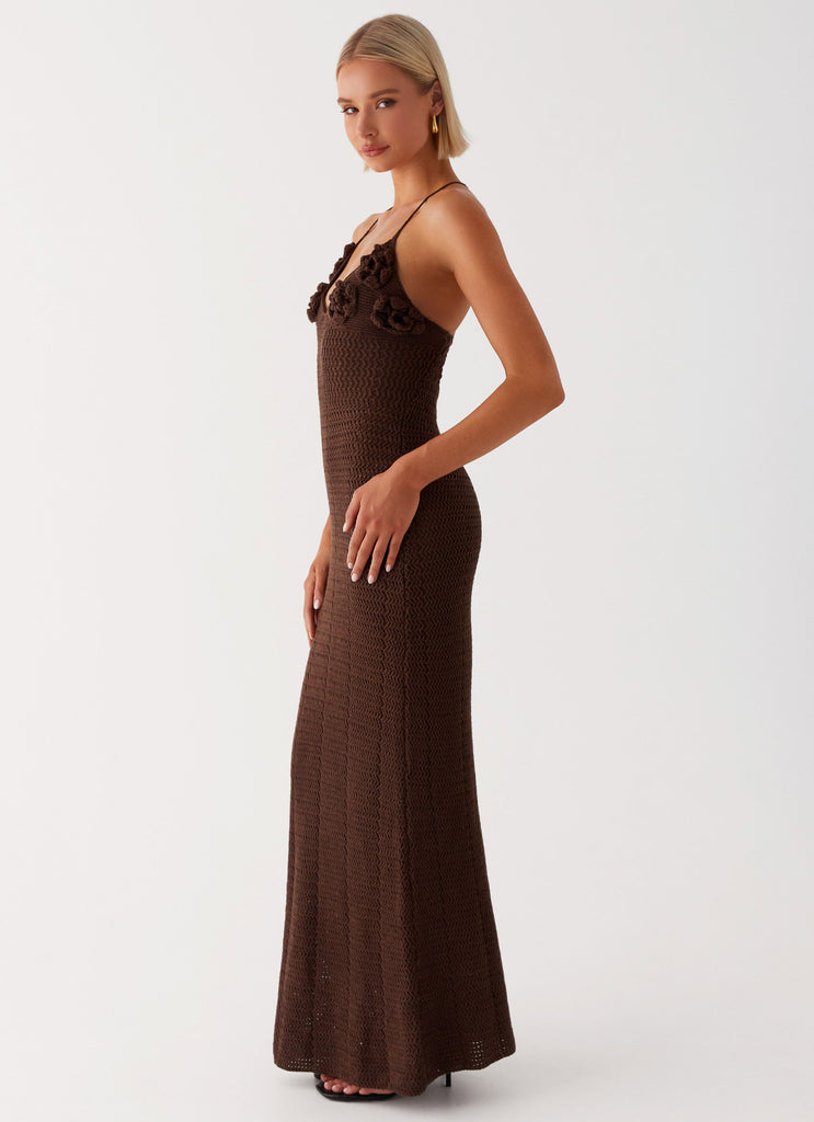 Womens Zara Rose Crochet Maxi Dress in the colour Chocolate in front of a light grey background