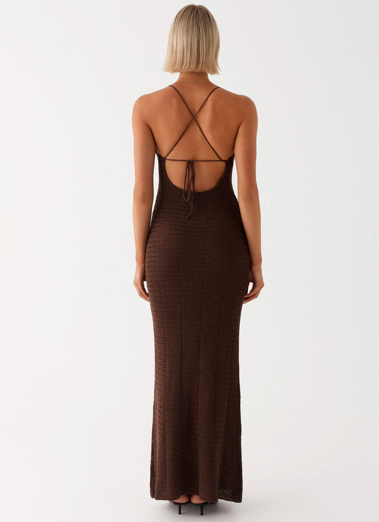 Womens Zara Rose Crochet Maxi Dress in the colour Chocolate in front of a light grey background