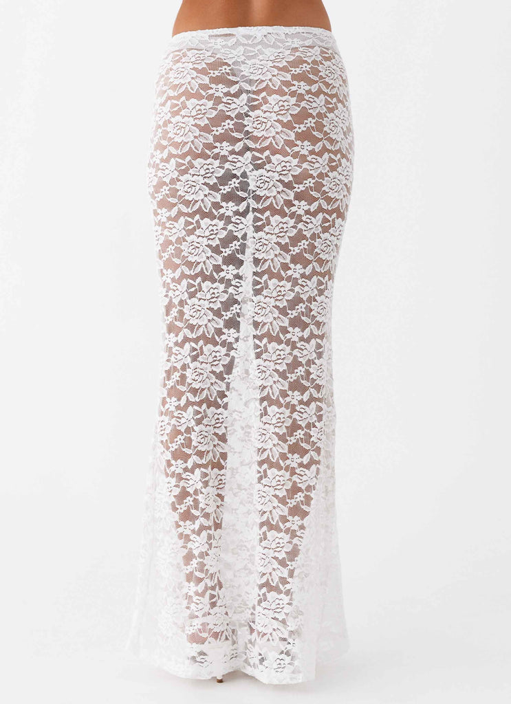 Womens Zephyra Lace Maxi Skirt in the colour White in front of a light grey background