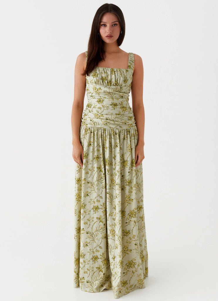 Womens Zinna Linen Maxi Dress in the colour Sage Floral in front of a light grey background