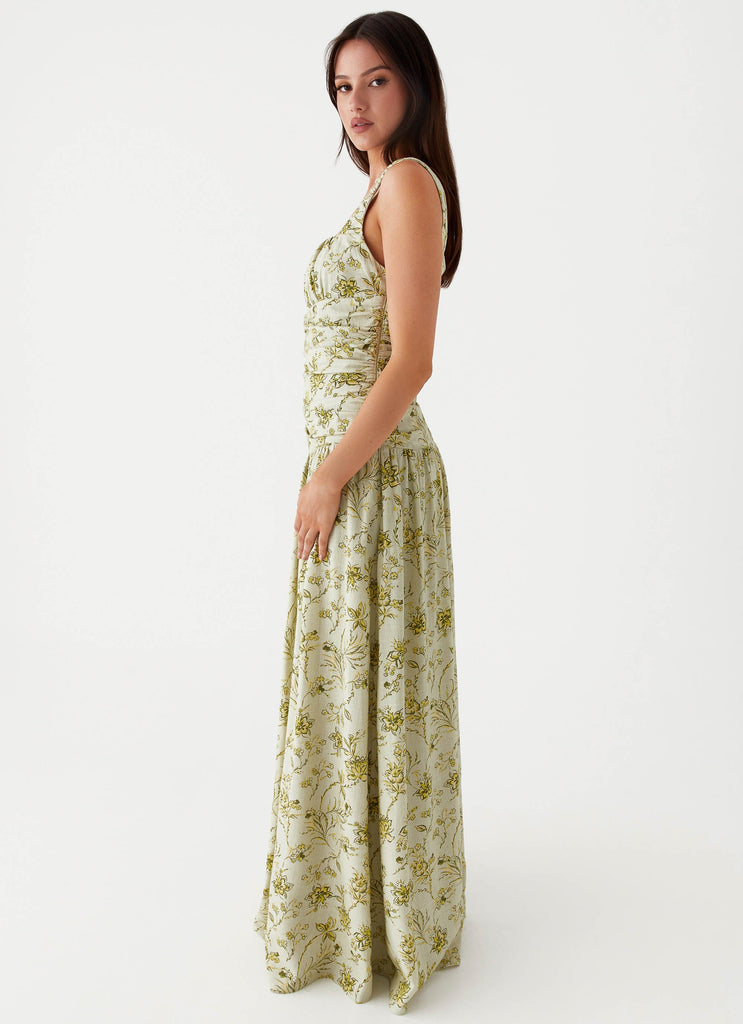 Womens Zinna Linen Maxi Dress in the colour Sage Floral in front of a light grey background
