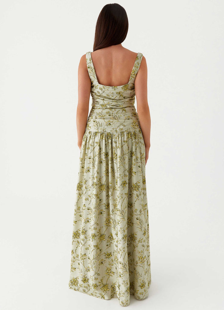 Womens Zinna Linen Maxi Dress in the colour Sage Floral in front of a light grey background
