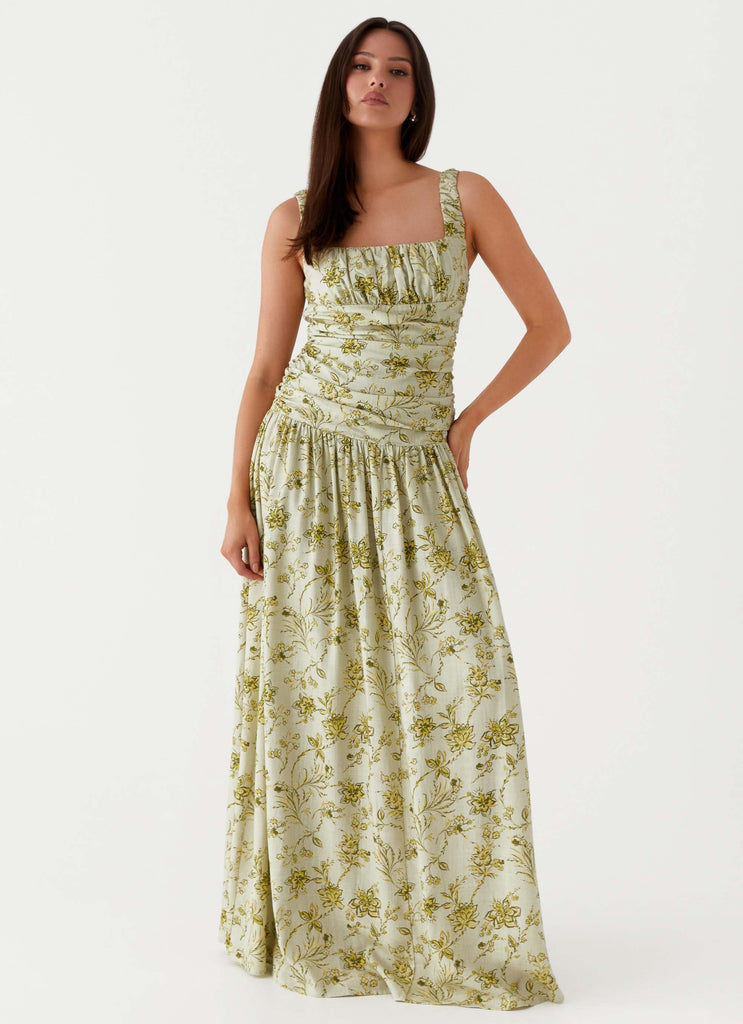 Womens Zinna Linen Maxi Dress in the colour Sage Floral in front of a light grey background