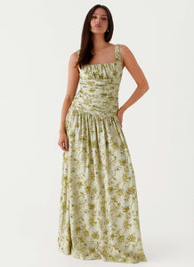 Womens Zinna Linen Maxi Dress in the colour Sage Floral in front of a light grey background