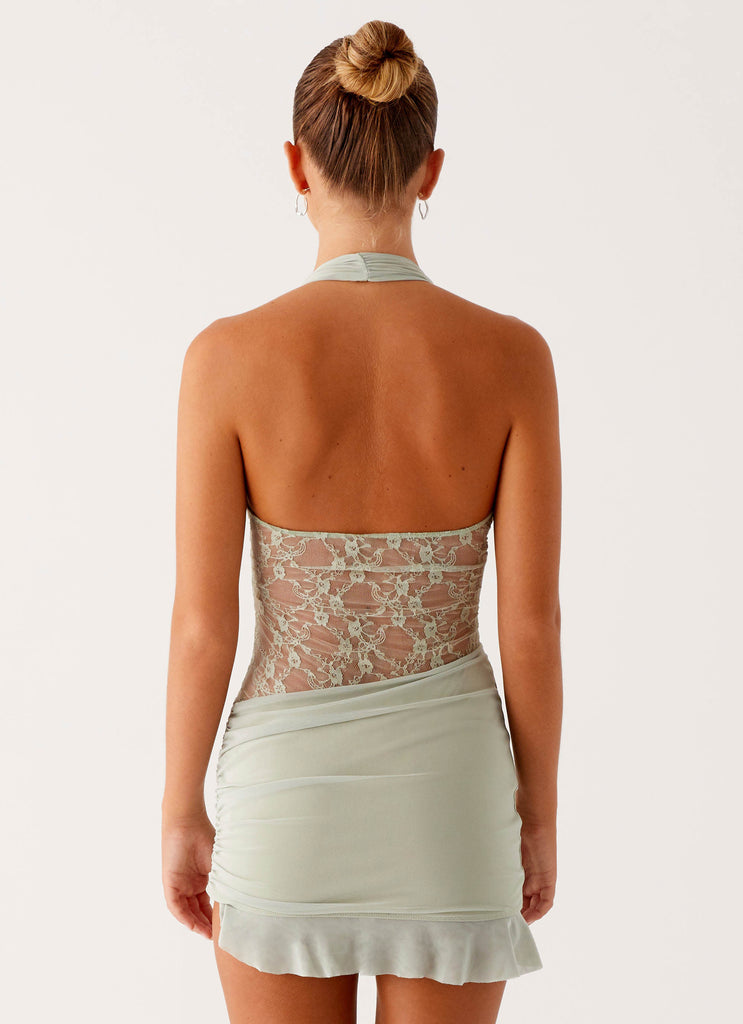 Tate Mesh Mini Dress Sage 5 Peppermayo