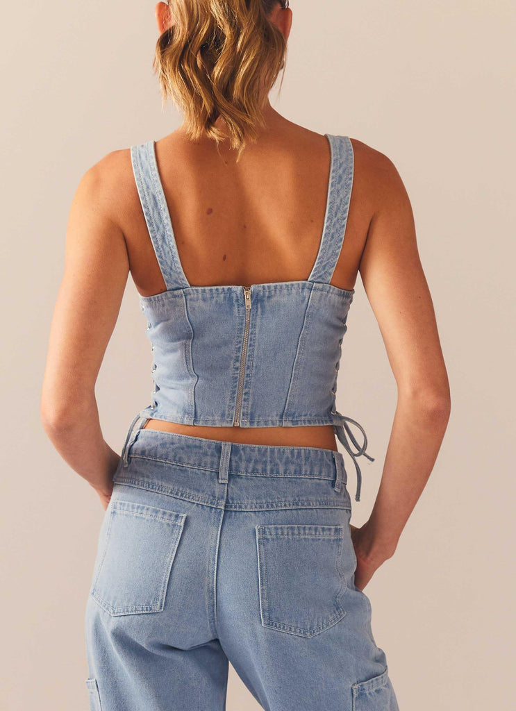 Giddy Up Denim Bustier Top - Subdued Blue - Peppermayo