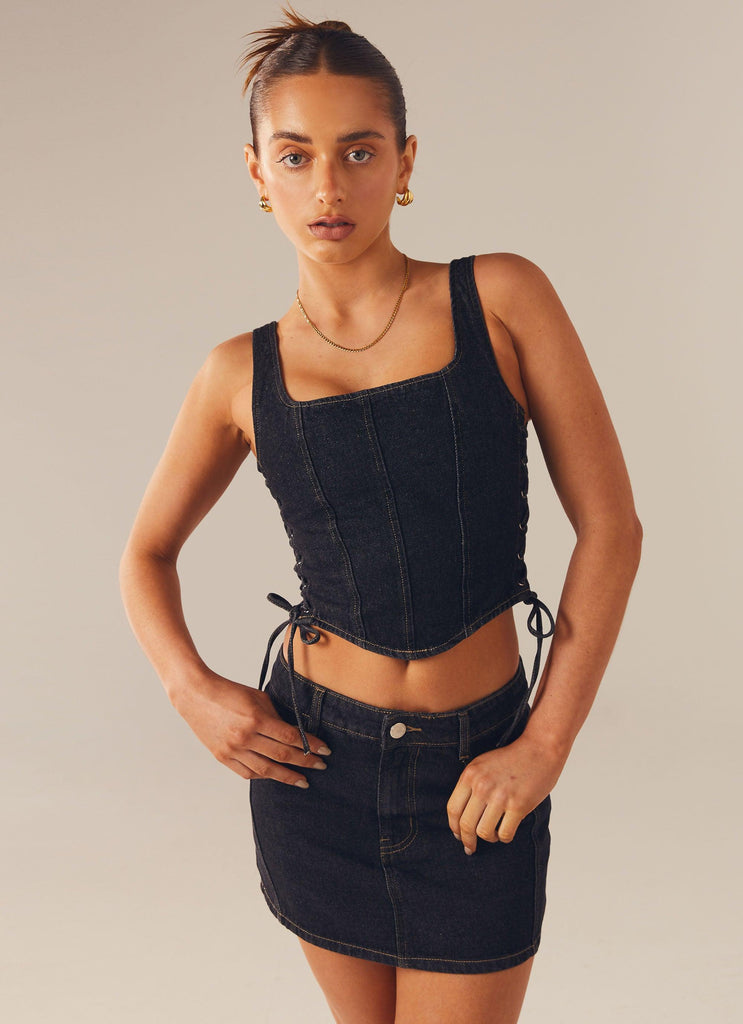 Giddy Up Denim Mini Skirt - Black Wash - Peppermayo