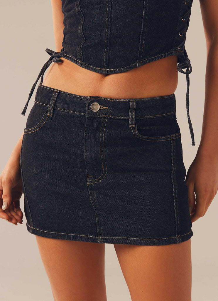 Giddy Up Denim Mini Skirt - Black Wash - Peppermayo