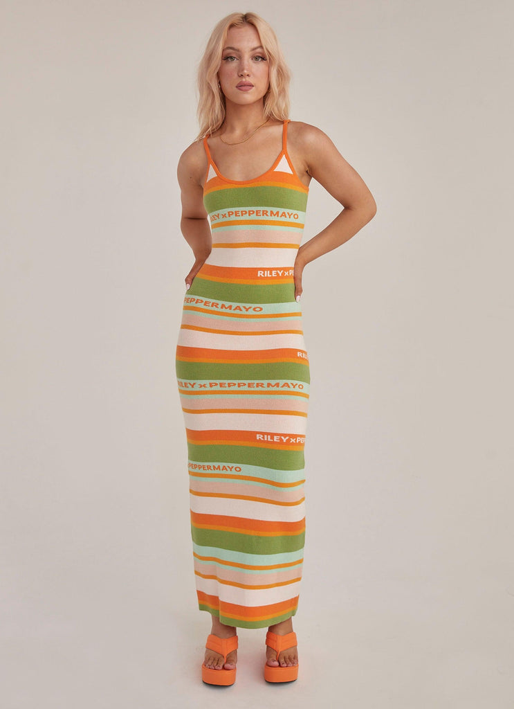 Sunset Drives Knit Maxi Dress - Melon Stripe - Peppermayo