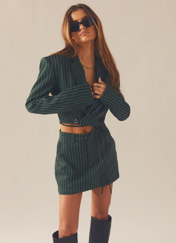 Pursuit of Happiness Cropped Blazer - Green Pinstripe - Peppermayo
