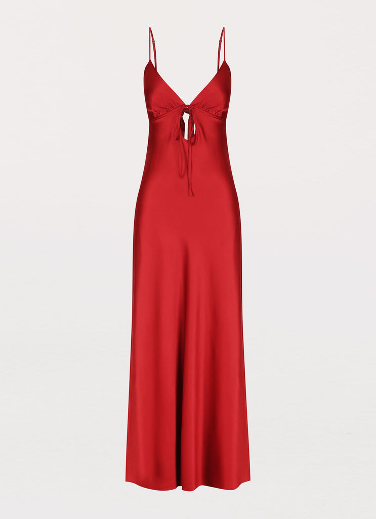 Womens Flora Satin Maxi Dress in the colour Cherry in front of a light grey background