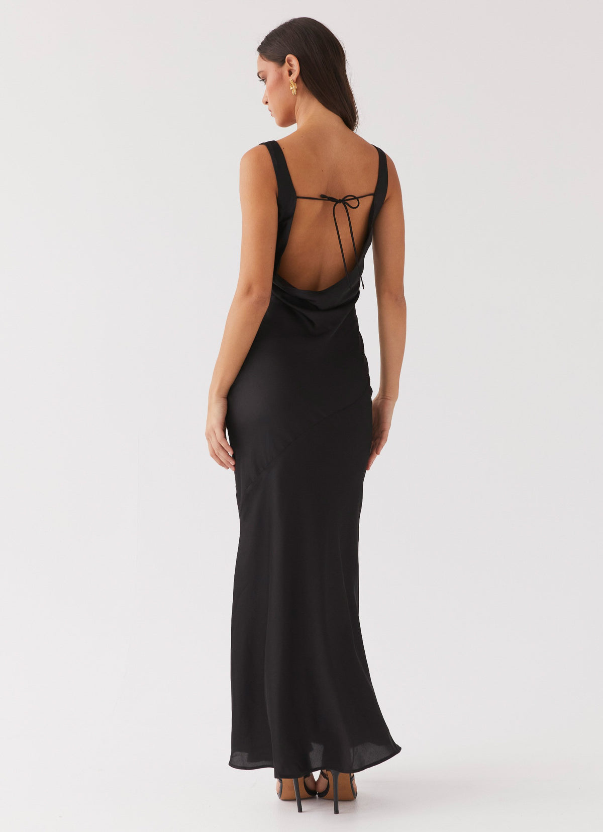 Womens Be Mine Satin Maxi Dress in the colour Black in front of a light grey background