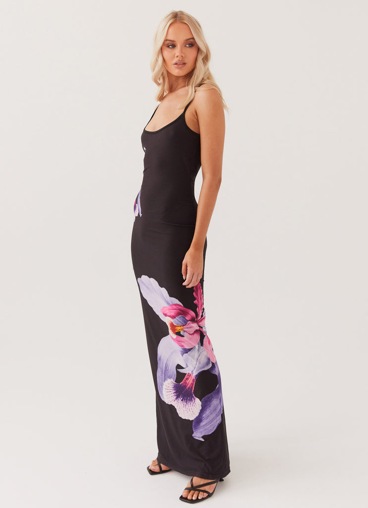 Womens Bad News Mesh Maxi Dress in the colour Black Tulip in front of a light grey background