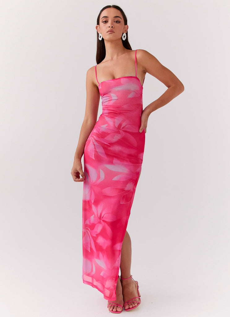 Womens Life In Pink Maxi Dress in the colour Abstract Bloom in front of a light grey background