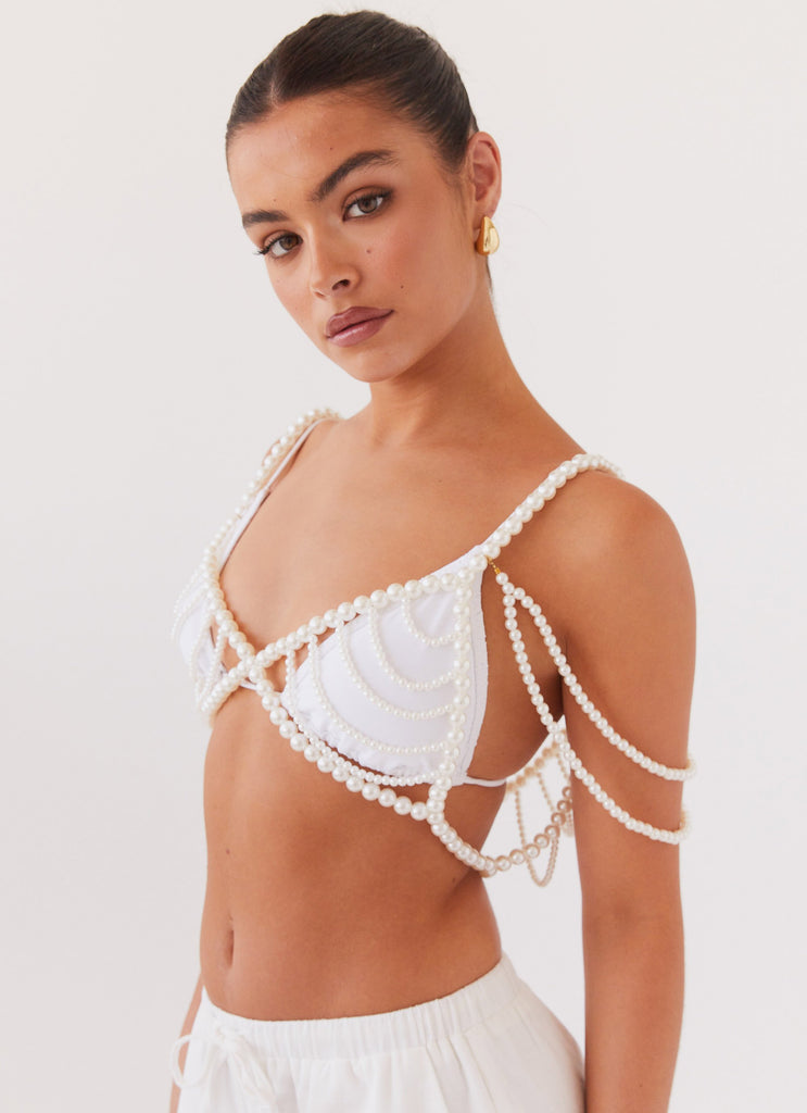 Womens Serenade Pearl Beaded Bralet Top in the colour Pearl in front of a light grey background