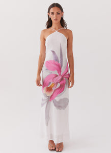 Womens Blossom Hearts Maxi Dress in the colour Tulip Floral in front of a light grey background