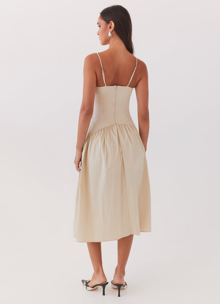 Womens Yvette Corset Midi Dress in the colour Desert Sage in front of a light grey background