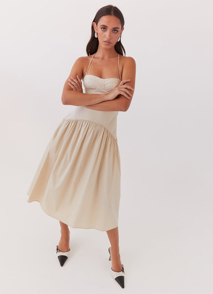 Womens Yvette Corset Midi Dress in the colour Desert Sage in front of a light grey background