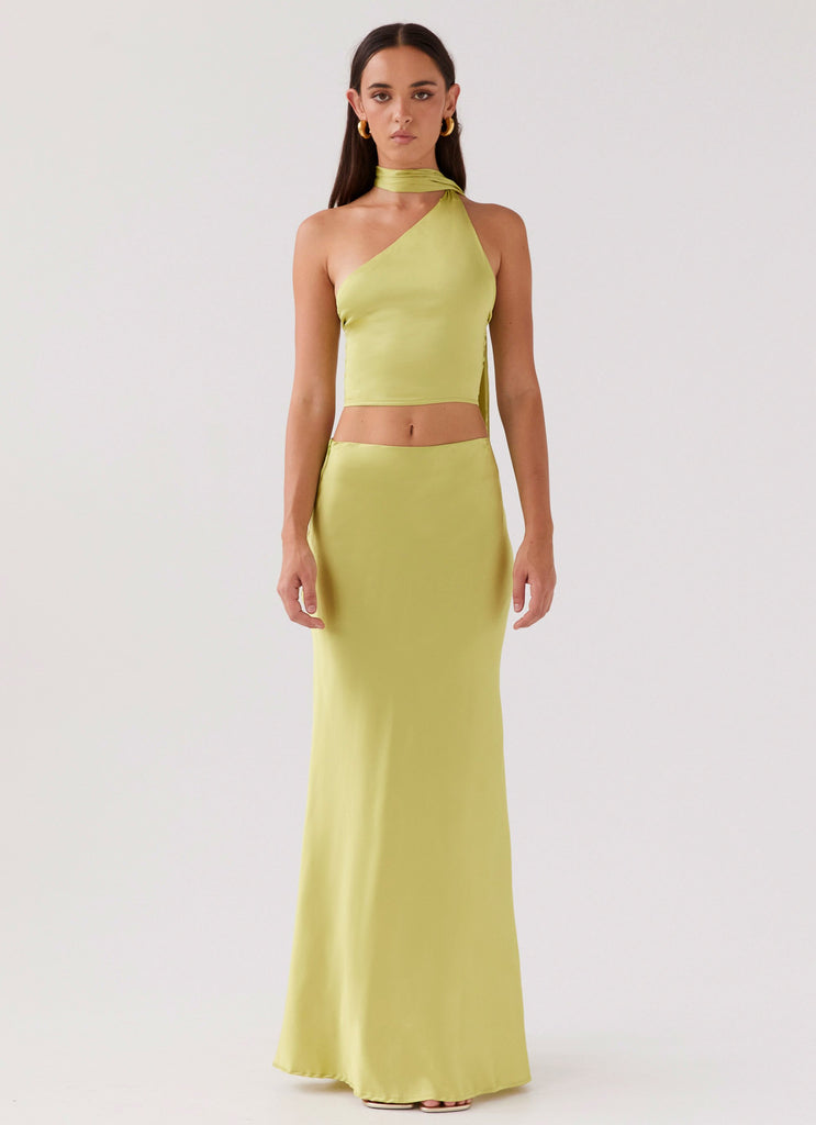 Womens Josefina Satin Maxi Skirt in the colour Chartreuse in front of a light grey background